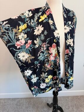 LOFT Navy Floral Open Kimono with Multicolor Blooms
